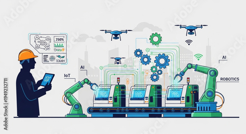Modern automated factory with robotic arms and drones.