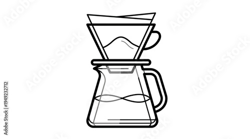 Minimalist line art illustration of a pour over coffee maker with glass carafe and dripper on white background, ideal for cafe branding, coffee shop menu design and barista tutorial graphics