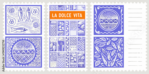 A collection of blue and white illustrated postage stamps with unique designs