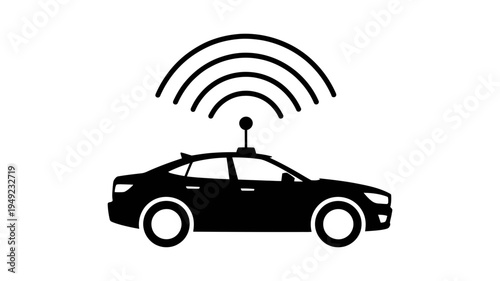 A sleek black silhouette of a modern car shows wireless signal waves actively emanating from its roof antenna.