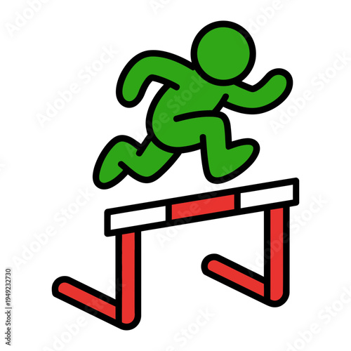 A vibrant green stick figure is energetically jumping over a red and white striped hurdle obstacle.