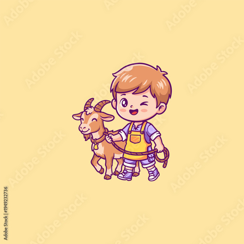 A Boy Walking a Goat