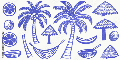 Blue sketch of tropical fruits palm trees and relaxing beach elements