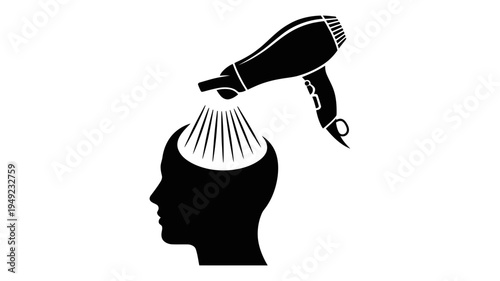 A hair dryer blows air directly into the open top of a human head silhouette.