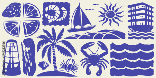 Blue and white nautical themed illustration with diverse seaside motifs