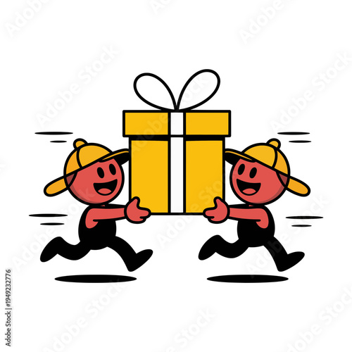 Two red cartoon delivery figures in yellow hats quickly run while carrying a large yellow gift box.