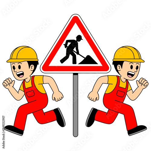 A lively cartoon image features two busy construction workers energetically running around a 'men at work' warning sign.