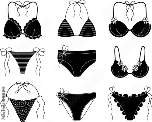 Collection of black and white of various bikini styles and swimwear fashion clothing