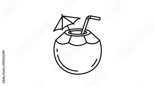 Black line art vector of fresh coconut drink with straw and cocktail umbrella on white background, ideal for summer beach party posters, tropical travel brochures and drink menu branding