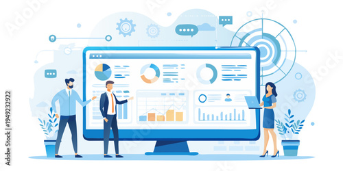 Data analysis and business solutions visualized on a large computer screen