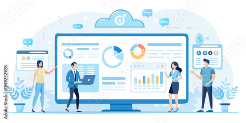 Team collaboration and data analysis visualized on a large computer screen