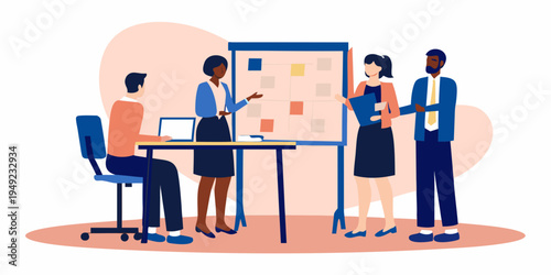 Diverse team collaborating on project planning with a whiteboard and digital devices