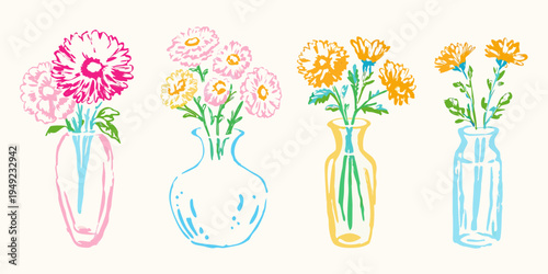 Colorful bouquet of sketched flowers arranged in four slender vases