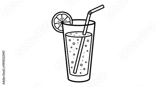 Simple black and white line art illustration of a glass of fizzy juice with a straw and lemon slice garnish on white background, ideal for menu design, coloring pages and summer beverage ads