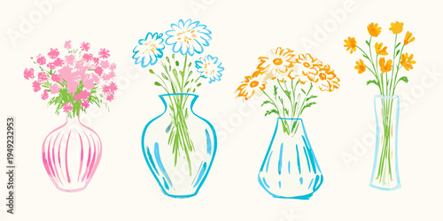 Colorful floral arrangements in vases a whimsical hand drawn illustration