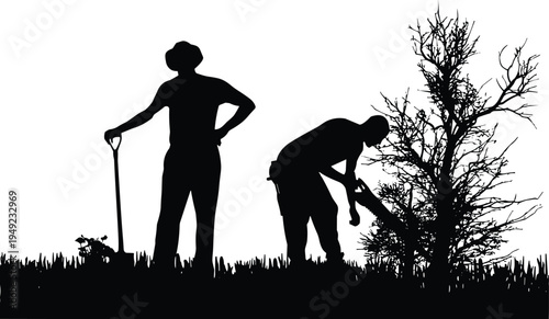 Gardening silhouettes, people working outdoors, shovel, pruning tree, teamwork in nature, manual labor, environment care, landscape, agriculture, sustainability illustration