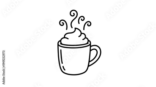 Minimalist line art illustration of a hot coffee mug with whipped cream and steam isolated on white background, ideal for cafe menu design, beverage branding and digital sticker assets