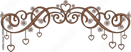 A beautiful brown metal decorative border with hearts and flowers on a white background