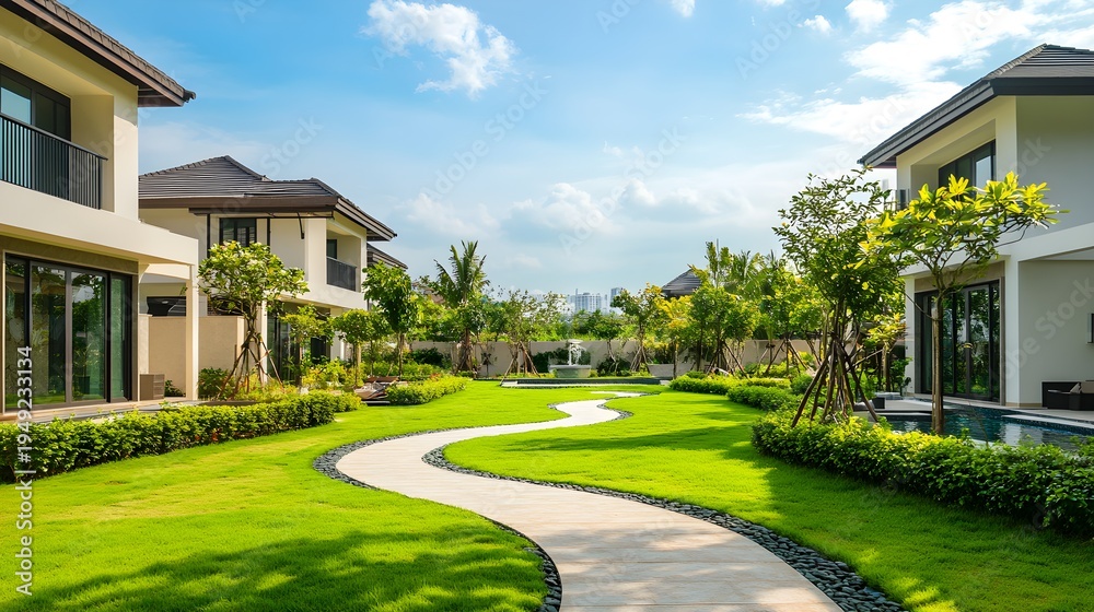 Fototapeta premium Modern houses with lush green courtyard and winding path