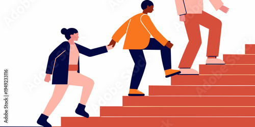 Helping hand two people assisting each other up a staircase