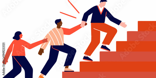 People assisting each other climbing a set of orange stairs