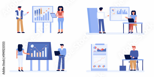 Diverse group presenting data and collaborating in modern office settings