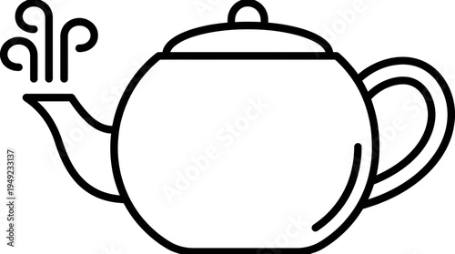 Simple black line art illustration of a classic ceramic teapot with rising steam vapor on white background, ideal for culinary blog icons, kitchenware branding and cafe menu design