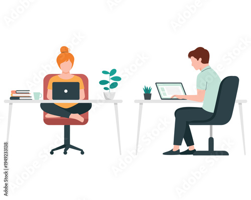 Two people working on laptops at desks