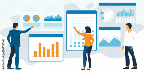 Team analyzing data and charts presented on multiple digital displays