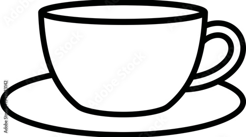 Minimalist outline illustration of a classic ceramic coffee cup on a saucer with thick black lines, ideal for coloring book pages, cafe menu icons and simple digital branding designs