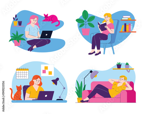 People working on laptops with pets at home office spaces