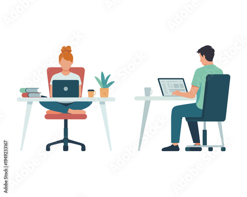 Two people working on laptops at separate desks in office setting