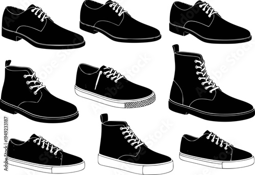 Collection of black and white line of men's footwear including dress shoes boots and sneakers