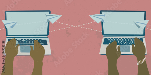 Two laptops communicating with paper airplanes representing digital connection