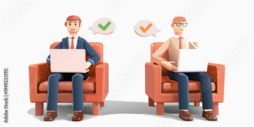 Two businessmen with laptops illustrating choices or approvals