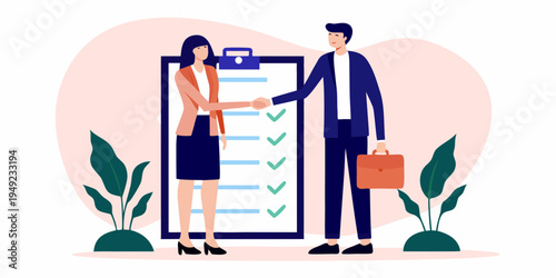 Business professionals shaking hands in front of a task completion checklist