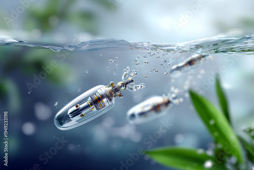 Futuristic nanorobots cleaning polluted water at microscopic scale, transparent liquid environment, tiny machines capturing contaminants, environmental technology concept