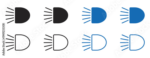 Car Light Dashboard Icon, vehicle dipped beam and LED headlight indicator, panel warning sign, lamp symbol set in black, blue, green, clean vector illustration for car UI and dashboard design.