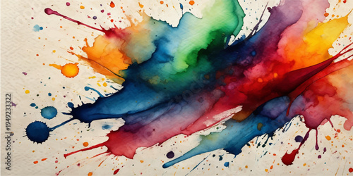 Vibrant abstract watercolor design featuring colorful paint splashes and artistic ink textures on a paper background with decorative brush splatters and vector art stains