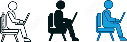 Three stick figures sitting in chairs with laptops on their laps in black and white and blue color schemes for ergonomic comparison