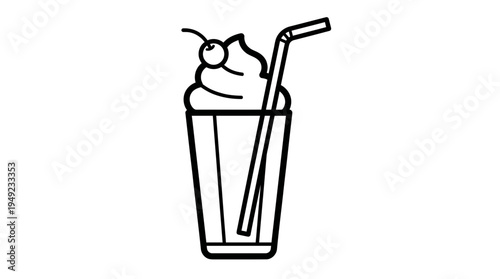 Minimalist line art vector of a delicious milkshake in a glass with whipped cream cherry and straw, ideal for restaurant menu design, cafe branding and summer beverage advertising