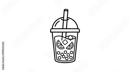 Minimalist line art illustration of bubble tea drink in cup with dome lid straw ice and lemon slices on white, ideal for cafe menu design, beverage branding and social media marketing posters