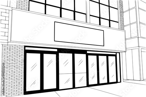 Blank storefront with large glass doors and empty sign space white background building
