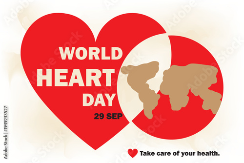 World Heart Day awareness poster with heart shape and global map cardiovascular health campaign 29 September vector illustration.