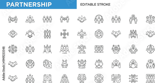 50 partnership icons, black line style, teamwork, collaboration, agreement, business relationship, editable stroke, vector illustration, professional concept, cooperation tools