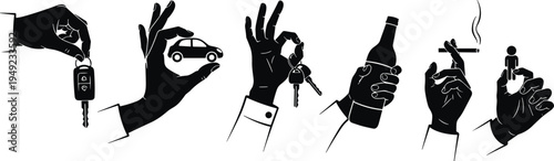 Hand gesture silhouettes holding car key, small car, keys, bottle, cigarette, human figure, responsibility icons for driving, lifestyle, safety, awareness