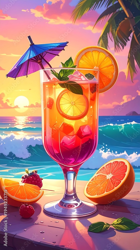 Obraz premium Tropical drink with parasol, fruit, at sunset beach