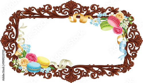 A beautifully designed ornate frame with flowers and macarons on a white background