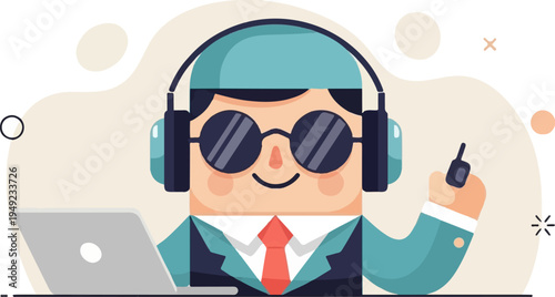 Animated businessman with headphones, laptop, and walkie-talkie