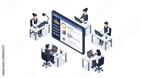 Isometric View of Business Team Analyzing Data on Large Screen.